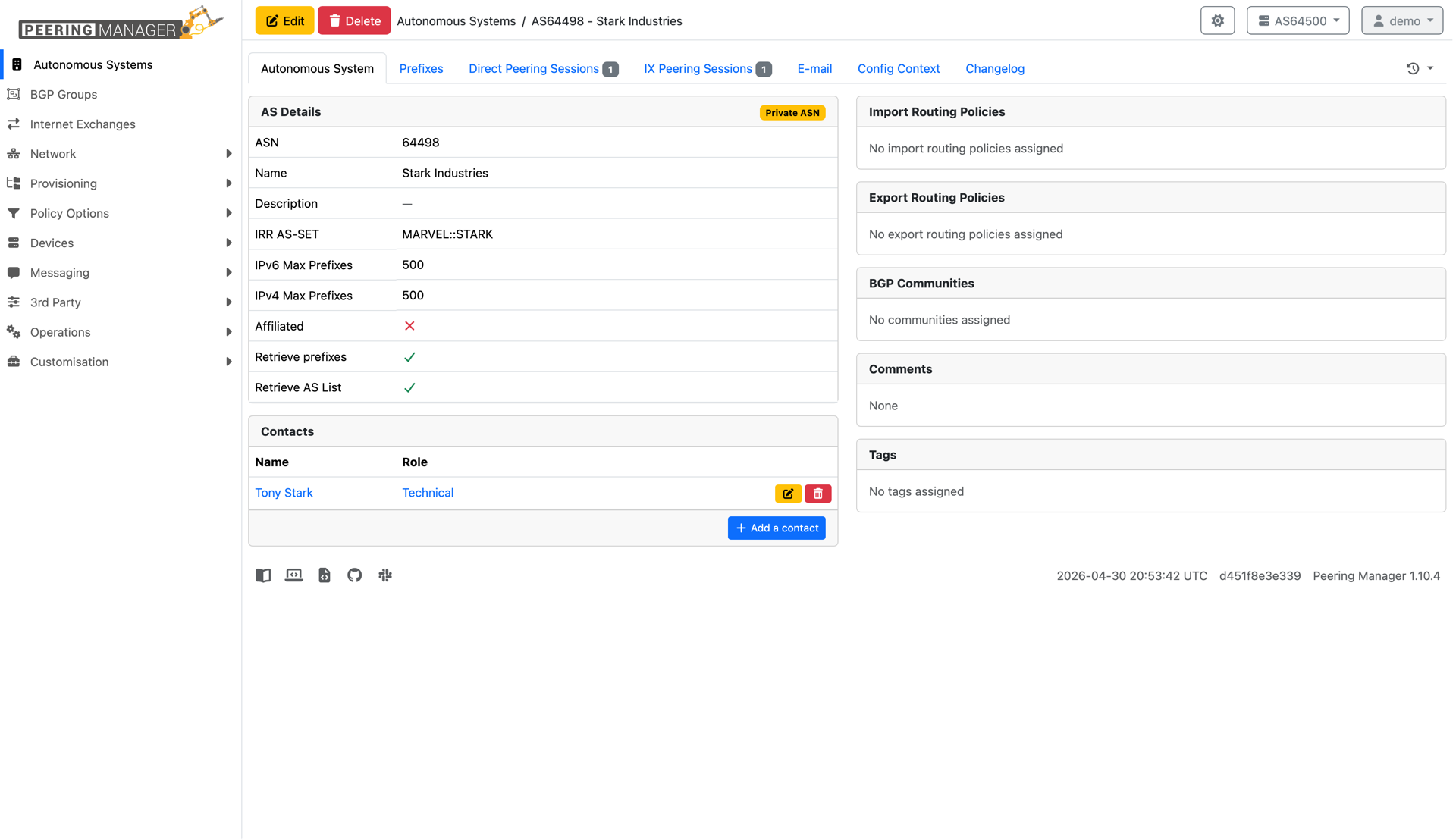 Autonomous System detail page