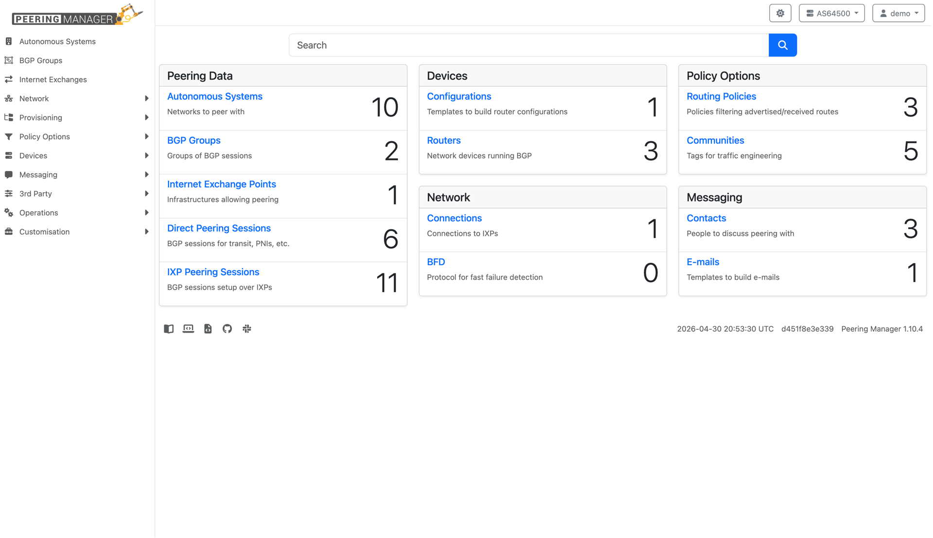 Peering Manager home dashboard